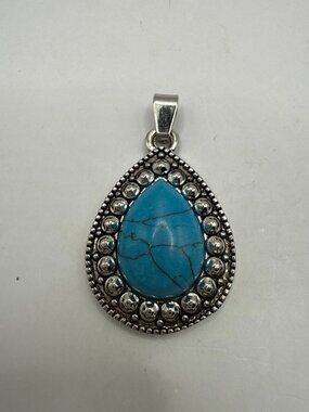 Vintage Boho Turquoise Teardrop Pendant Silver Tone Western Southwestern